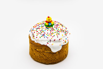 Ukrainian and Russian traditional Kulich or Paska against white background. Easter Paska or Easter Cake.
