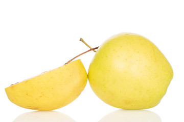 Group of one whole one half of green delicious apple isolated on white