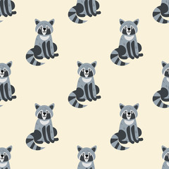 Cute cartoon raccoon in flat style seamless pattern. Woodland animal background. Vector illustration.   