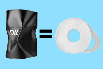 Compare prices of oil barrel and toilet paper, match cost of oil drum and bog roll, oil price drop concept, barrel low rate banner, fuel value fall down illustration, global financial crisis poster