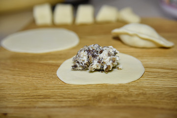 Minced mushroom and chicken on the dough. The process of making dumplings