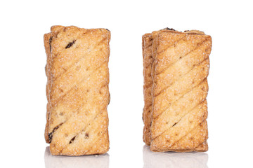 Group of two whole square puff cookie with raisins isolated on white