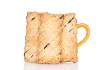 Group of three whole square puff cookie with raisins isolated on white