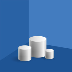 Cylindrical boxes for demonstration on the background of the corner with blue walls and floor, white podium stand , vector illustration