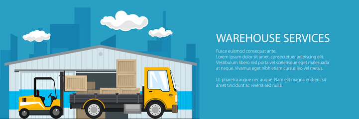 Banner of warehouse and delivery services , forklift truck and yellow small cargo car with boxes , unloading or loading of goods and text, vector illustration © serz72