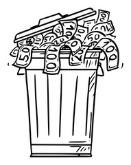 Vector cartoon stick figure drawing conceptual illustration of dustbin, garbage can or wheelie bin full of cash money bills thrown as waste.