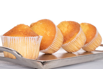 Group of four whole small baked muffin on tray isolated on white