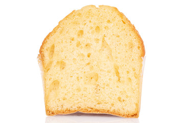 One half of small baked muffin cross section isolated on white