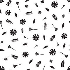 Floral seamless pattern. Black flowers on the white background.