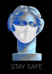 Venus de Milo head sculpture in the front view wearing protective mask