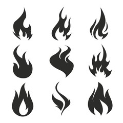 Flames icons. Flame silhouettes. Black firing icons, warning symbols isolated on white. Burning vector emblems.
