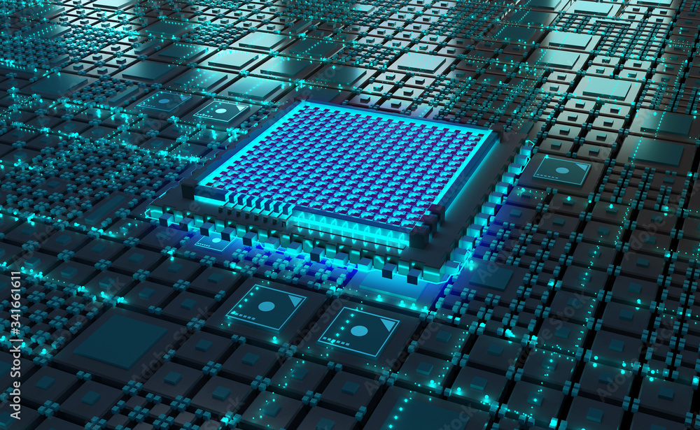 Aufkleber CPU abstract 3D illustration. Futuristic processor and quantum computer. Digital technology in global cyberspace