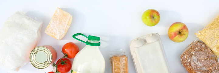 Food donations on white background, top view with copy space
