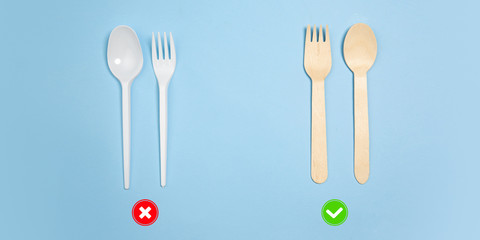 Spoons and forks. Eco-friendly life - organic made recycle things in compare with polymers, plastics analogues. Home style, natural products for recycle and not harmful to the environment and health.