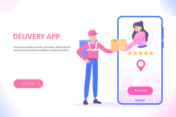 Delivery app concept. Delivery man gives package to client in big smartphone. Online food delivery concept. Web banner or landing page concept vector