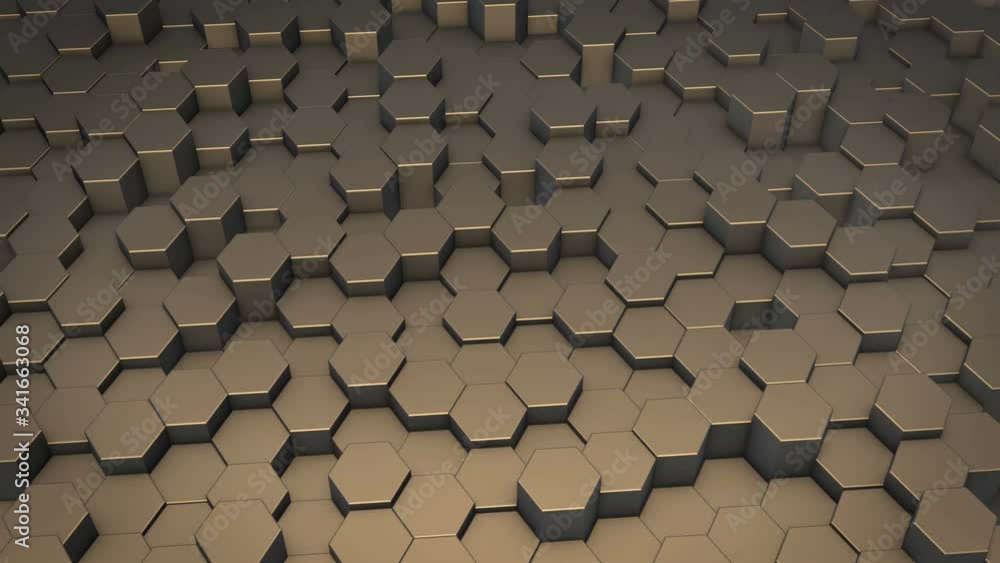 Poster an abstract hexagonal geometric surface cyclically moves in virtual space. chaotic vibrations of geo