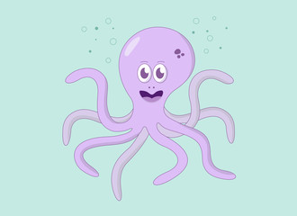 Funny purple octopus with water bubbles. Vector illustration. Turquoise background
