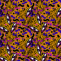 Doodle psychedelic trippy eyes seamless pattern in hippie or Memphis style. Crazy funky background.