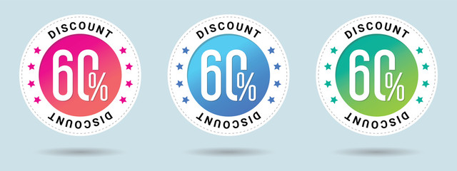 Discount offer price label. Sale vector badge template, 60 percent off sale label symbol, 60 discount promotion. Set of 3 beautiful color gradients.