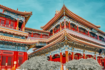 Obraz premium Beautiful View of Yonghegong Lama Temple.Beijing. Lama Temple is one of the largest and most important Tibetan Buddhist monasteries in the world.
