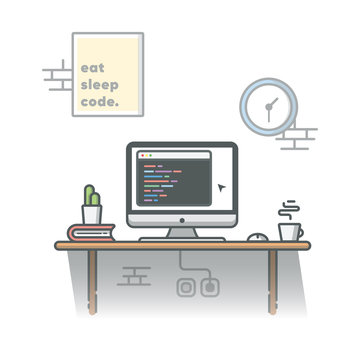 Coding Programmer Workspace with Cactus, Coffee and Book Vector Illustration. Development. Hacker. Coder. Flat Cartoon Style Suitable for Web Landing Page,  Banner, Flyer, Sticker, Card, Background