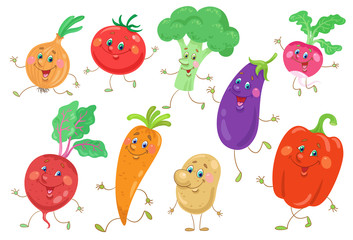 Set of nine funny vegetables. Onion, tomato, broccoli, eggplant, radish,  beet, carrot, potato, pepper. In cartoon style. Isolated on white background. Vector flat illustration.