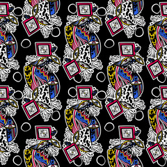 Naklejka premium Modern doodle psychedelic fashion eyes seamless pattern in hippie or Memphis style