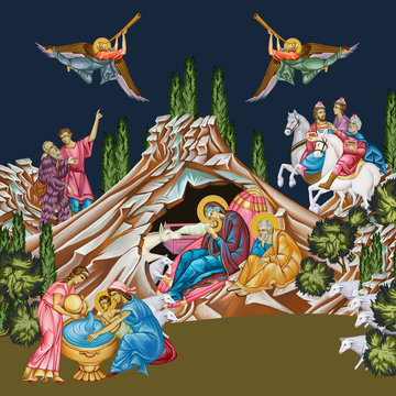Christmas religious illustration in Byzantine style. Jesus birth