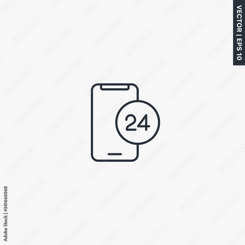 Poster 24 hours mobile online, linear style sign for mobile concept and web design
