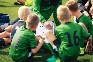 Young Boys in Football Team Listening to Coach. Coach Giving Instruction To His Kids Soccer Team....