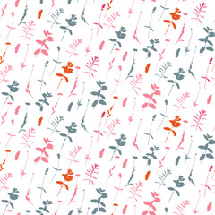 Fototapeta na wymiar Floral background. Vector seamless pattern with hand - drawn poppies, lavender flowers and leaves.