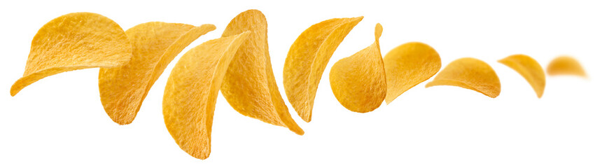 Naklejka na ściany i meble Potato chips levitate on a white background