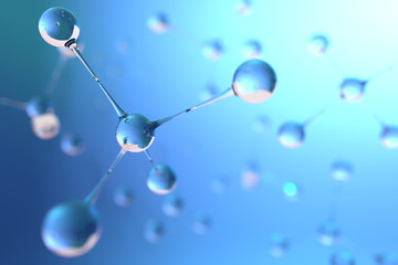 3d image of floating transparent molecules, science background, macro shot with blue background