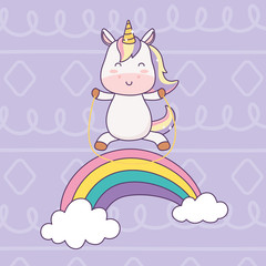 Obraz na płótnie Canvas kawaii unicorn playing with rope in rainbow cartoon character magical fantasy