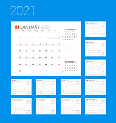 Calendar template for 2021 year. Business planner. Stationery design. Week starts on Sunday.