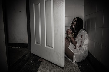Portrait of asian woman make up ghost face with blood,Horror scene,Scary background,Halloween...