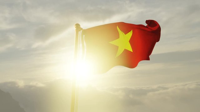 Flag of Vietnam Waving in the wind, Sky and Sun Background, Slow Motion, Realistic Animation, 4K UHD 60 FPS Slow-Motion