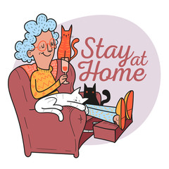 Stay at Home. Woman drinks wine sitting with her cats