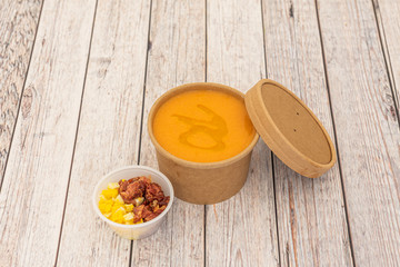 Image of Andalusian salmorejo on wooden table