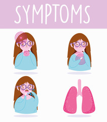 covid 19 coronavirus infographic, girl symptoms disease fever, dry cough, sore throat, shortness of breath