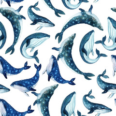 Fototapeta premium Cute watercolor pattern with whales on the white background