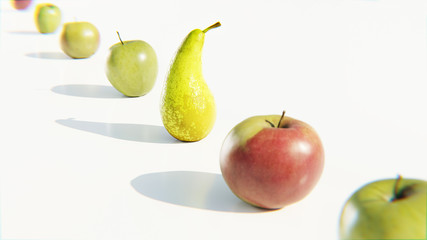 Äpfel und Birnen in einer Reihe. Konzept anders sein, sich abheben: Konzept Ausnahme oder...