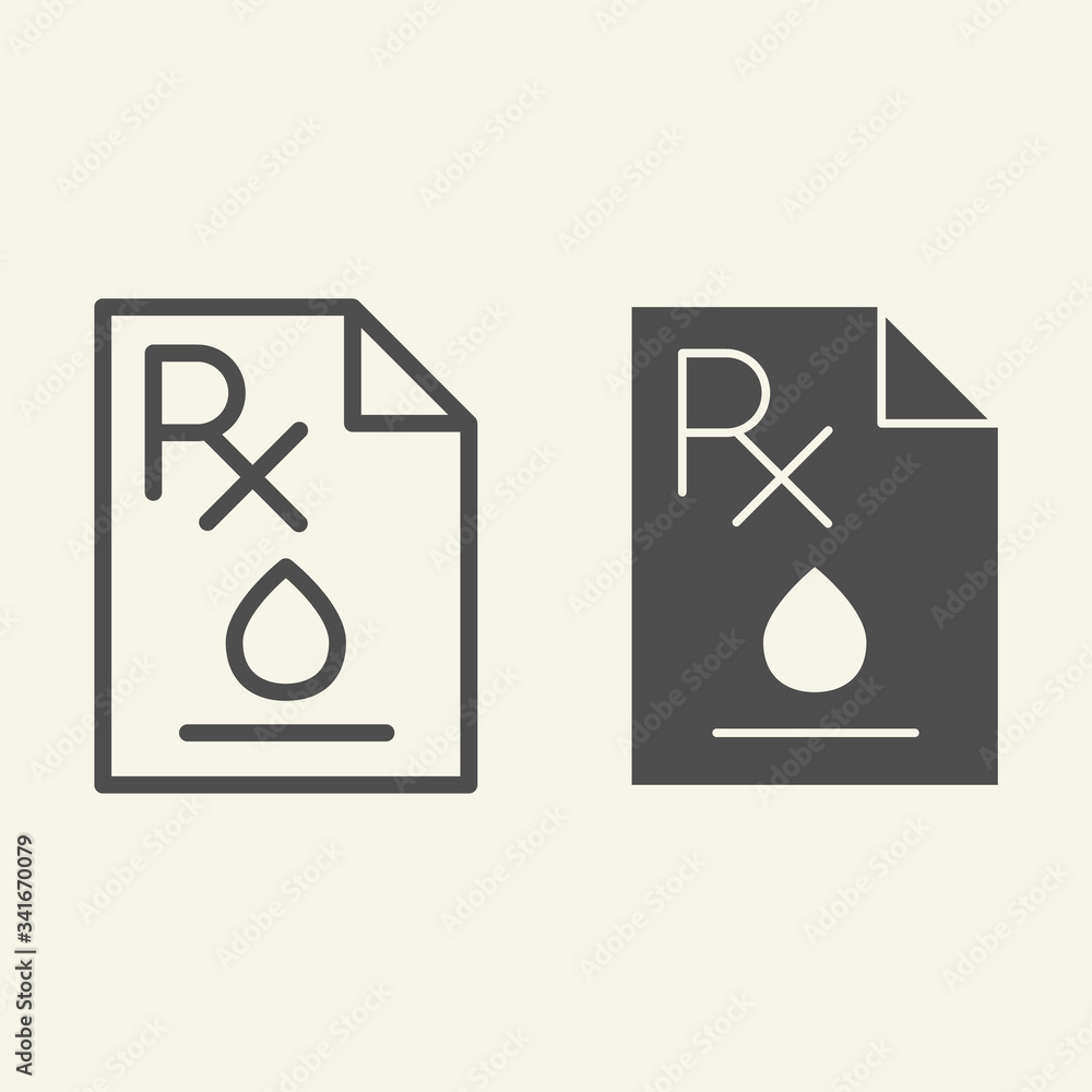 Aufkleber blood test line and solid icon. rx text on paper sheet with blood drop outline style pictogram on wh