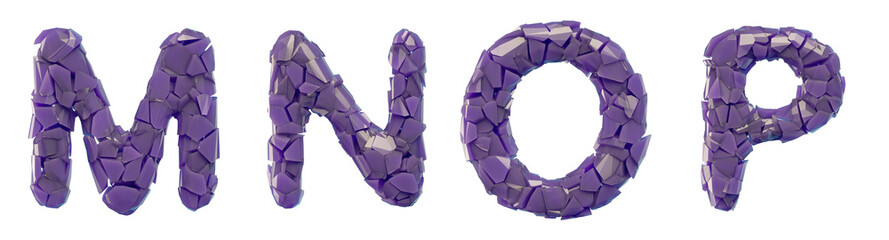 Plastic letters set M, N, O, P made of 3d render plastic shards purple color.