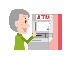ATM 銀行　引き出し　振込　お金　入金　出金　男性　おじいさん