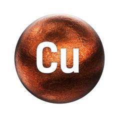 Copper symbol. Mineral essential for human health.  3D rendering. Mineral icon. 