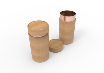 opened Kraft paper tube with golden cardboard tin can mock up. 3d illustration 