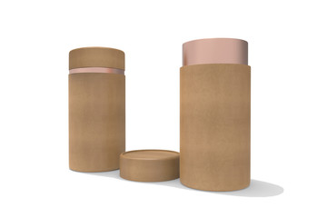 opened Kraft paper tube with golden cardboard tin can mock up. 3d illustration 
