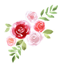 Decorative watercolor rose flowers. Floral composition with roses buds and green leaves for wedding or greeting cards.