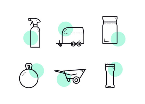 Horse Equipment Icons. Icon Set For Horses. Cleaning Agent, Trailer, Feed, Toy, Wheelbarrow, Grooming Machine.